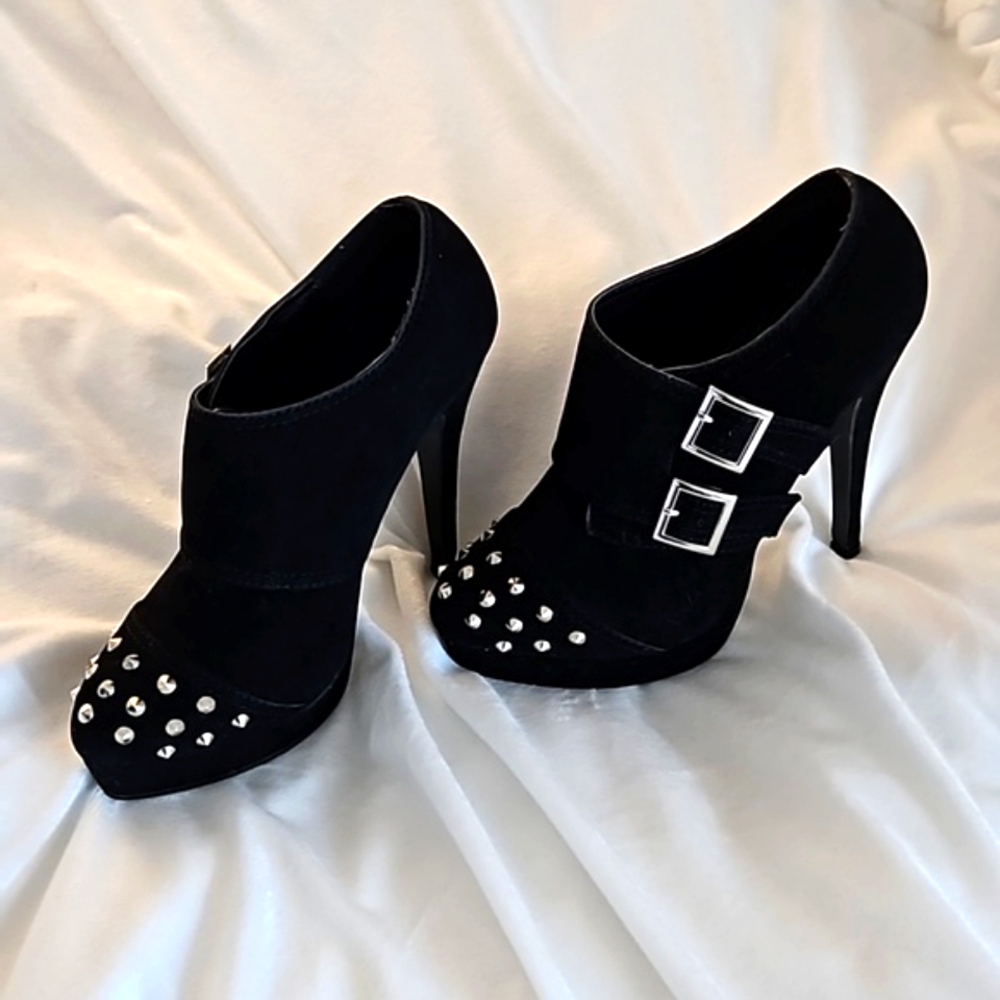 Rocker Spiked Bootie Buckle Heels